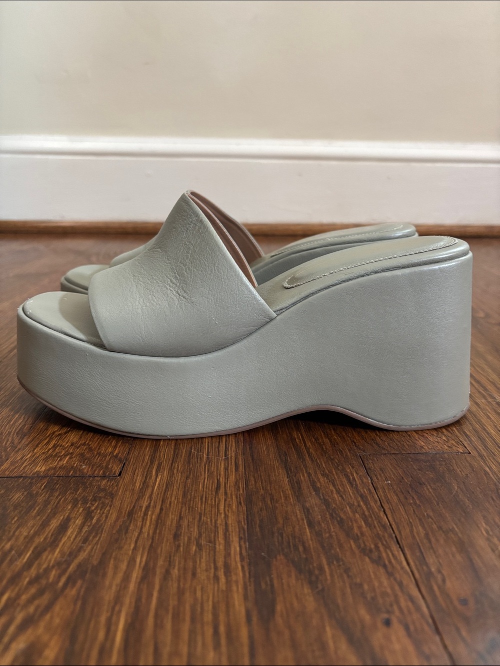 INTENTIONALLY BLANK Light Green Platform Wedge Slide Sandals